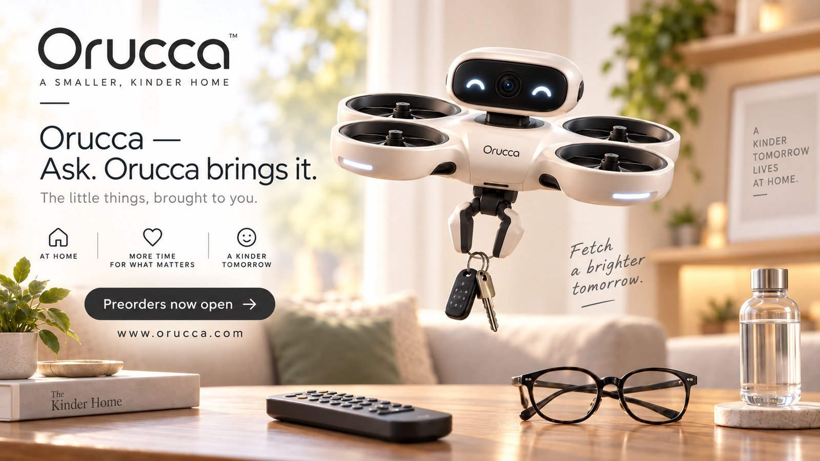 Orucca hovering over a living-room table, fetching keys, with a remote, glasses and a water bottle nearby
