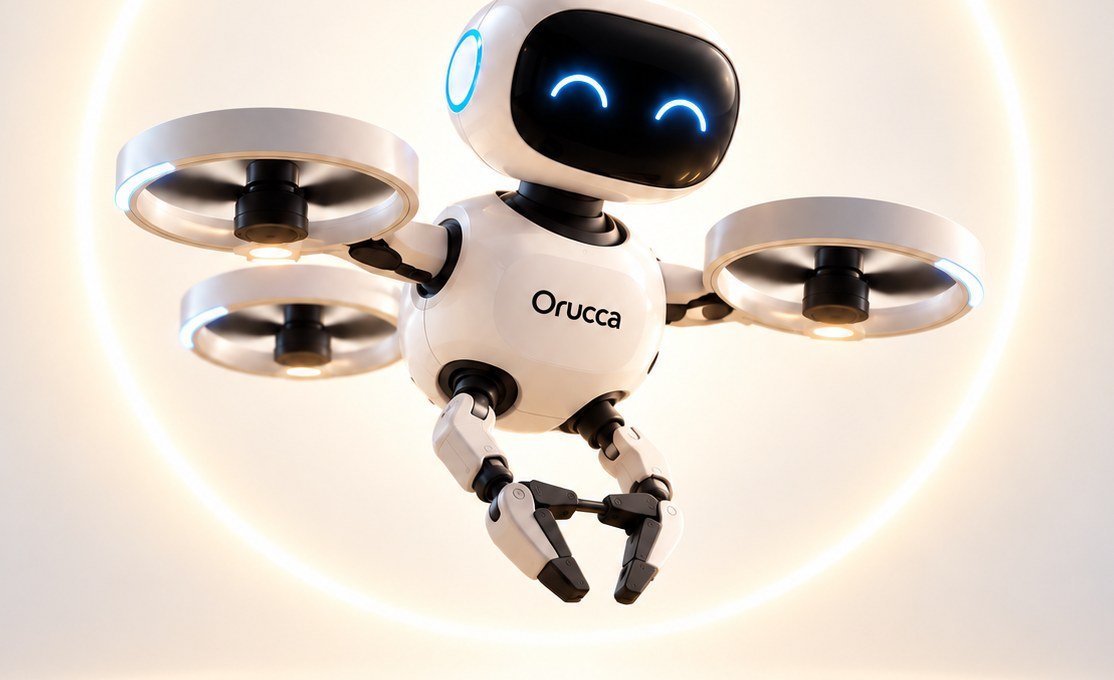 The Orucca flying home robot hovering, with a friendly glowing face