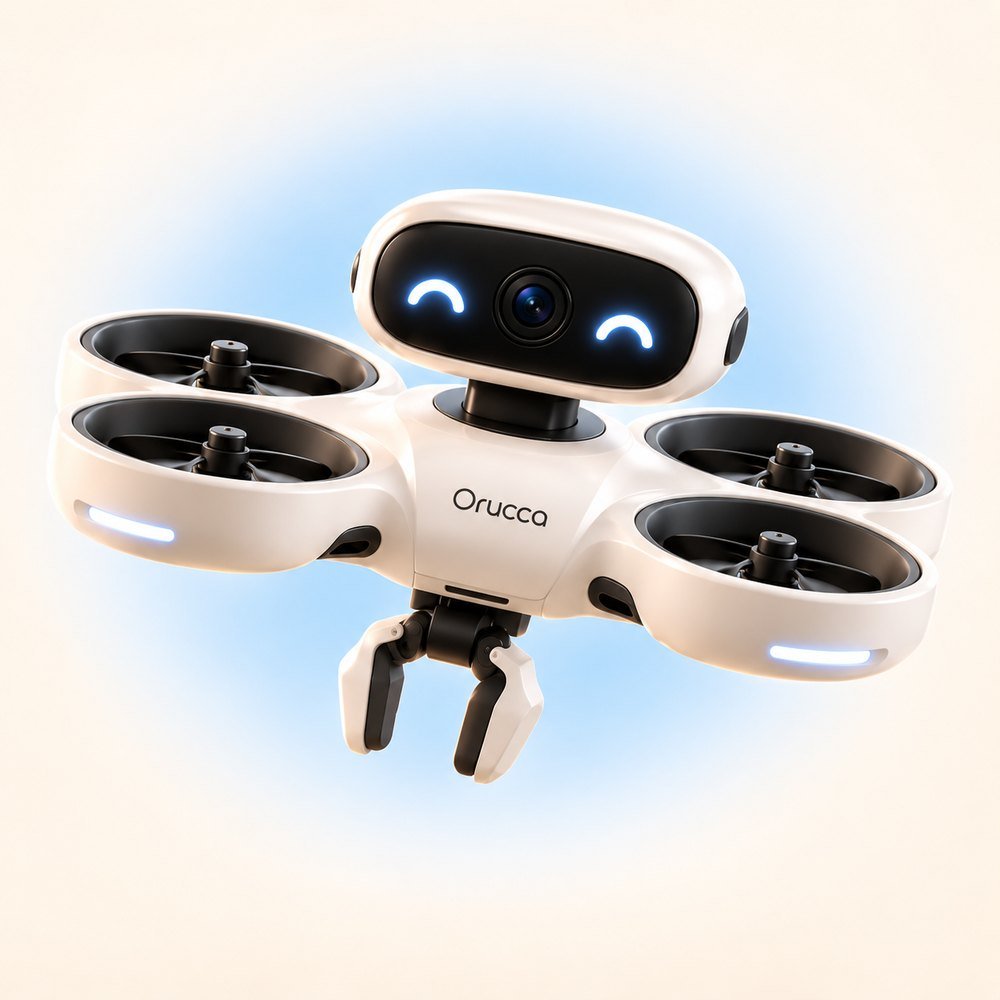 The Orucca home robot, front view with its friendly face lit